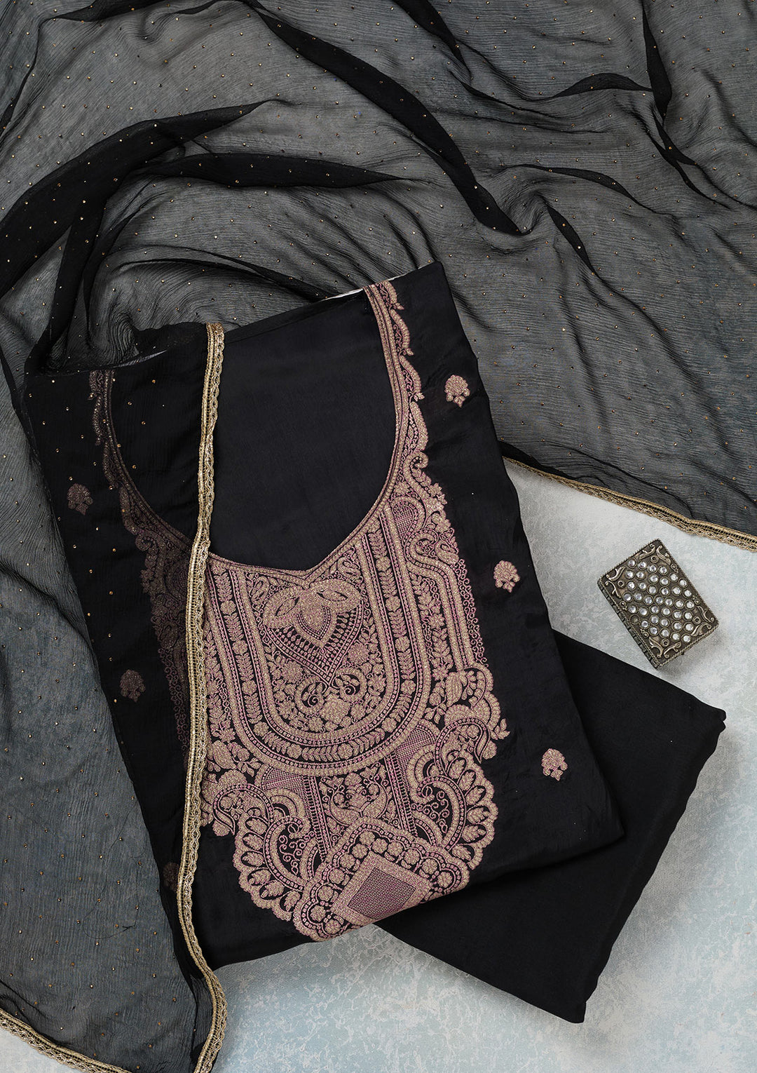 Black Georgette Threadwork Unstitched Dress Material With Matching Bottom And Dupatta