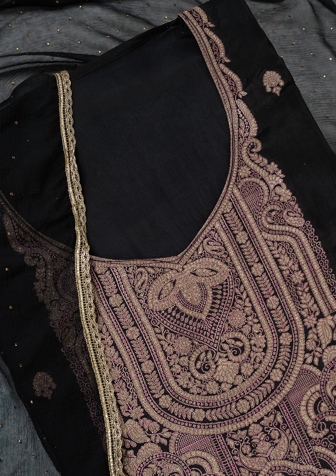 Black Georgette Threadwork Unstitched Dress Material With Matching Bottom And Dupatta