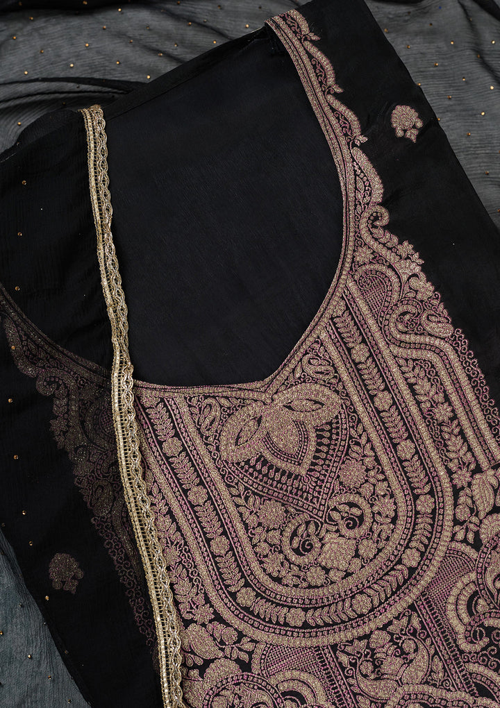 Black Georgette Threadwork Unstitched Dress Material With Matching Bottom And Dupatta