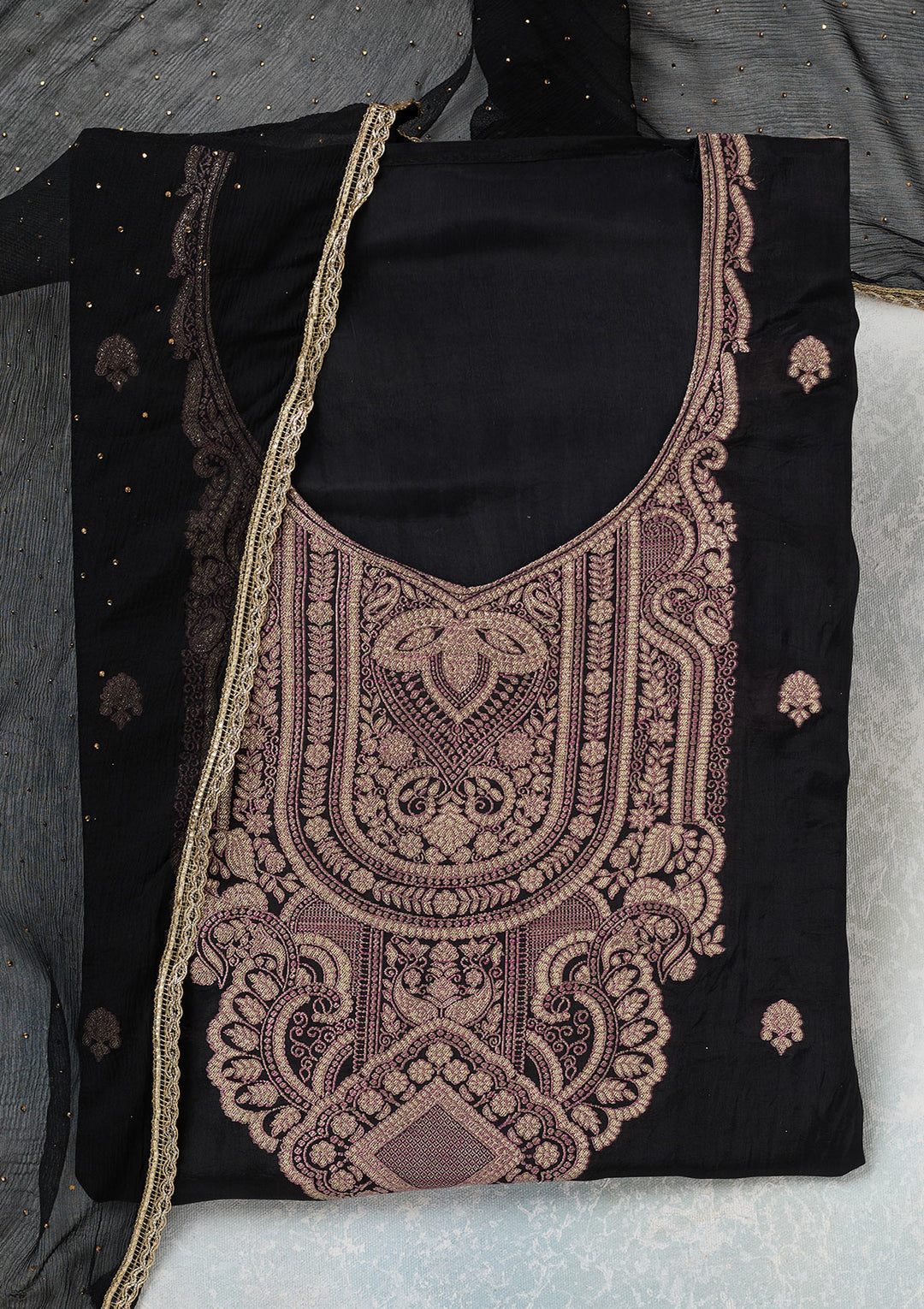 Black Georgette Threadwork Unstitched Dress Material With Matching Bottom And Dupatta