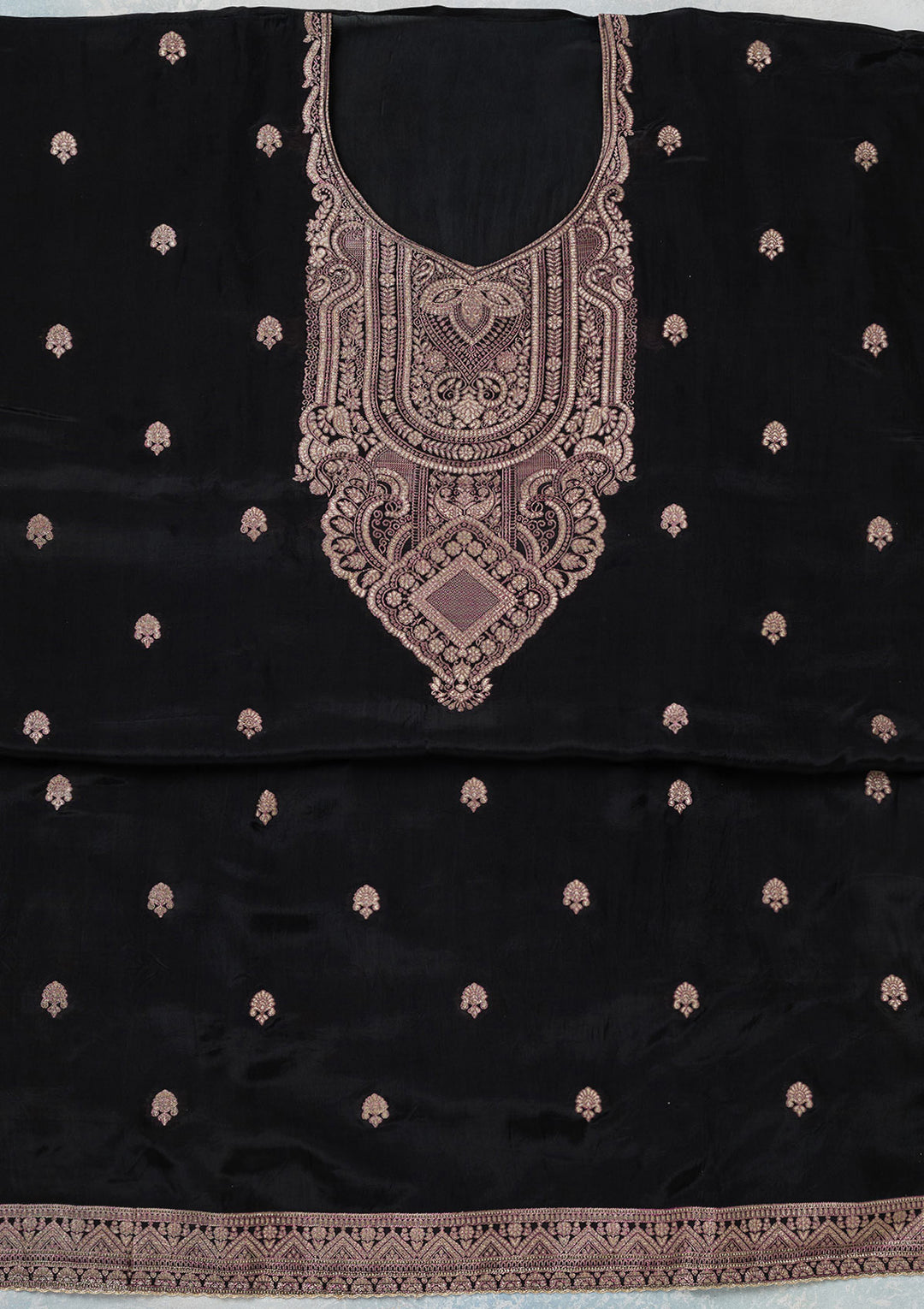 Black Georgette Threadwork Unstitched Dress Material With Matching Bottom And Dupatta