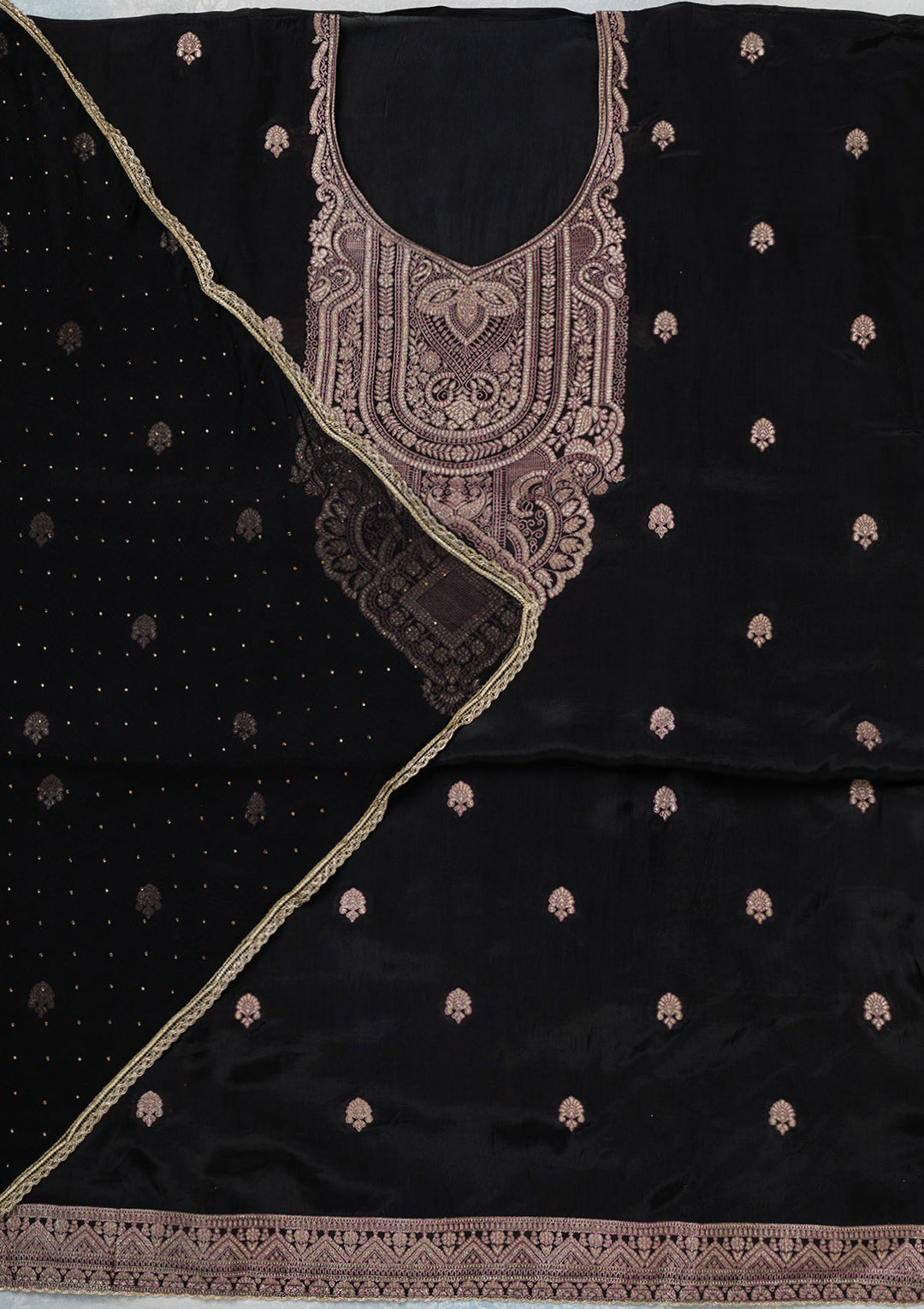Black Georgette Threadwork Unstitched Dress Material With Matching Bottom And Dupatta