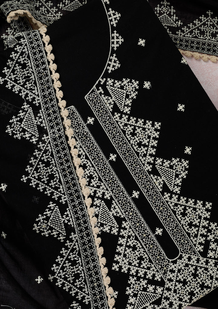 Black Georgette Threadwork Unstitched Dress Material With Matching Bottom And Dupatta