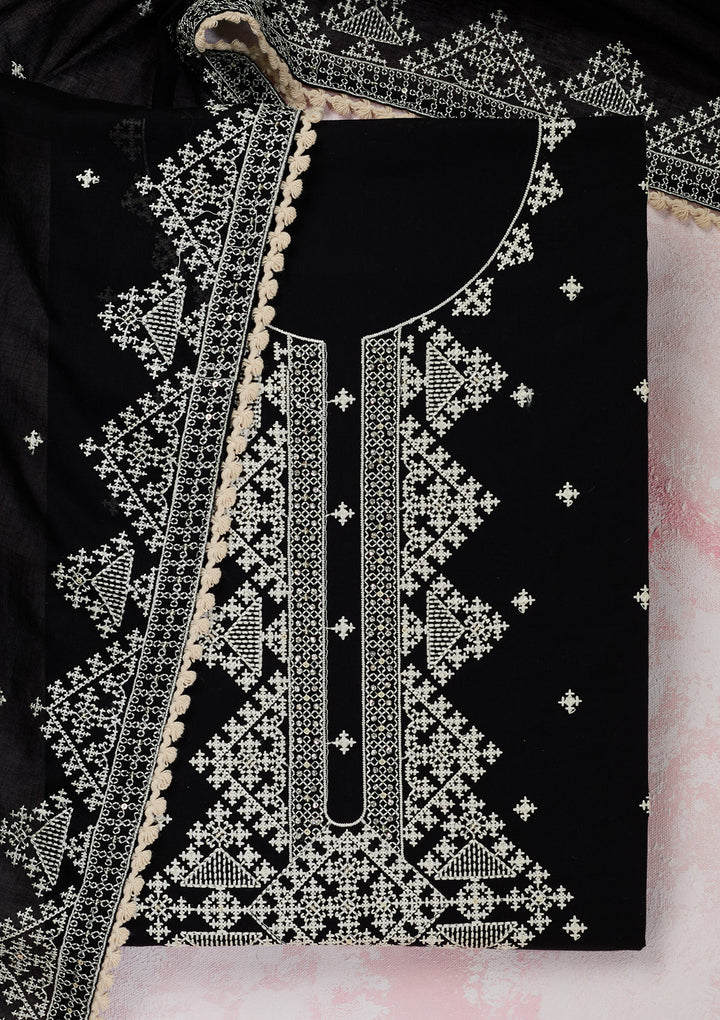 Black Georgette Threadwork Unstitched Dress Material With Matching Bottom And Dupatta