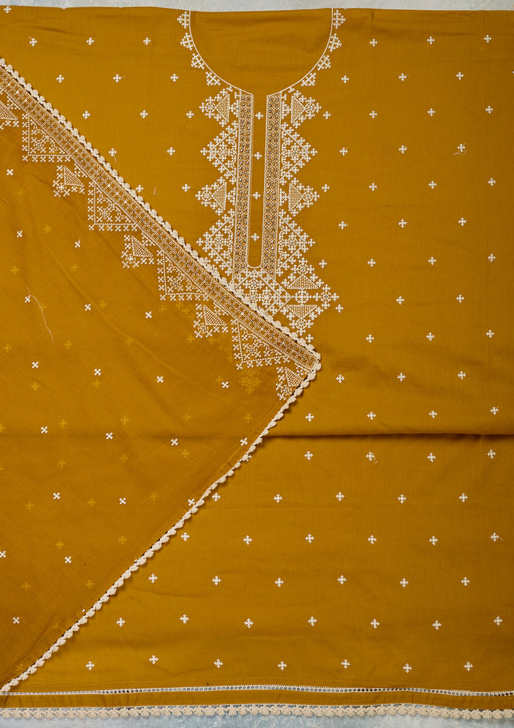 Mustard Yellow Georgette Threadwork Unstitched Dress Material With Matching Bottom And Dupatta