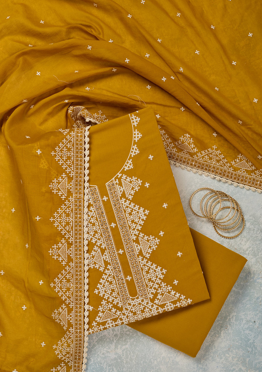 Mustard Yellow Georgette Threadwork Unstitched Dress Material With Matching Bottom And Dupatta