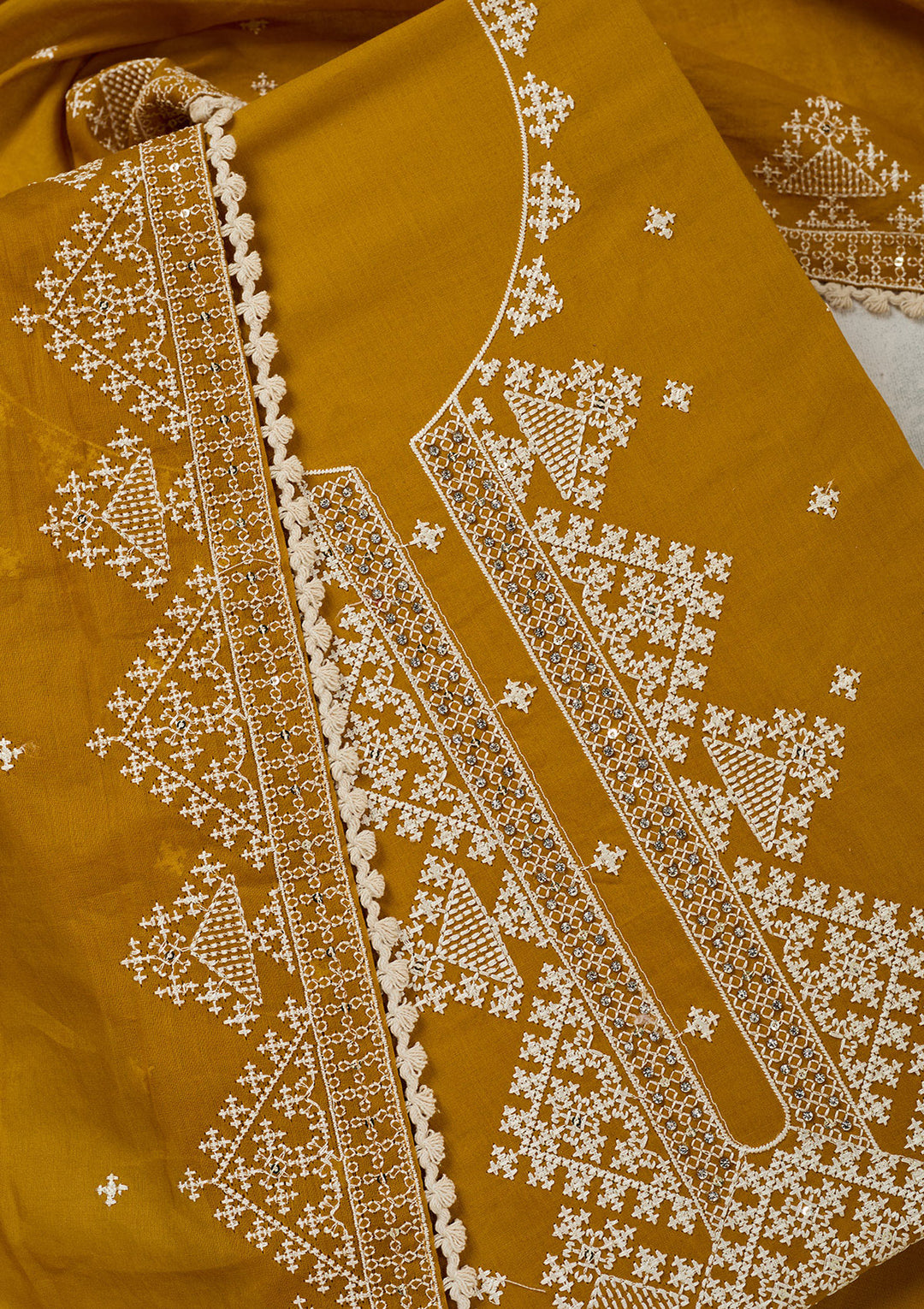 Mustard Yellow Georgette Threadwork Unstitched Dress Material With Matching Bottom And Dupatta