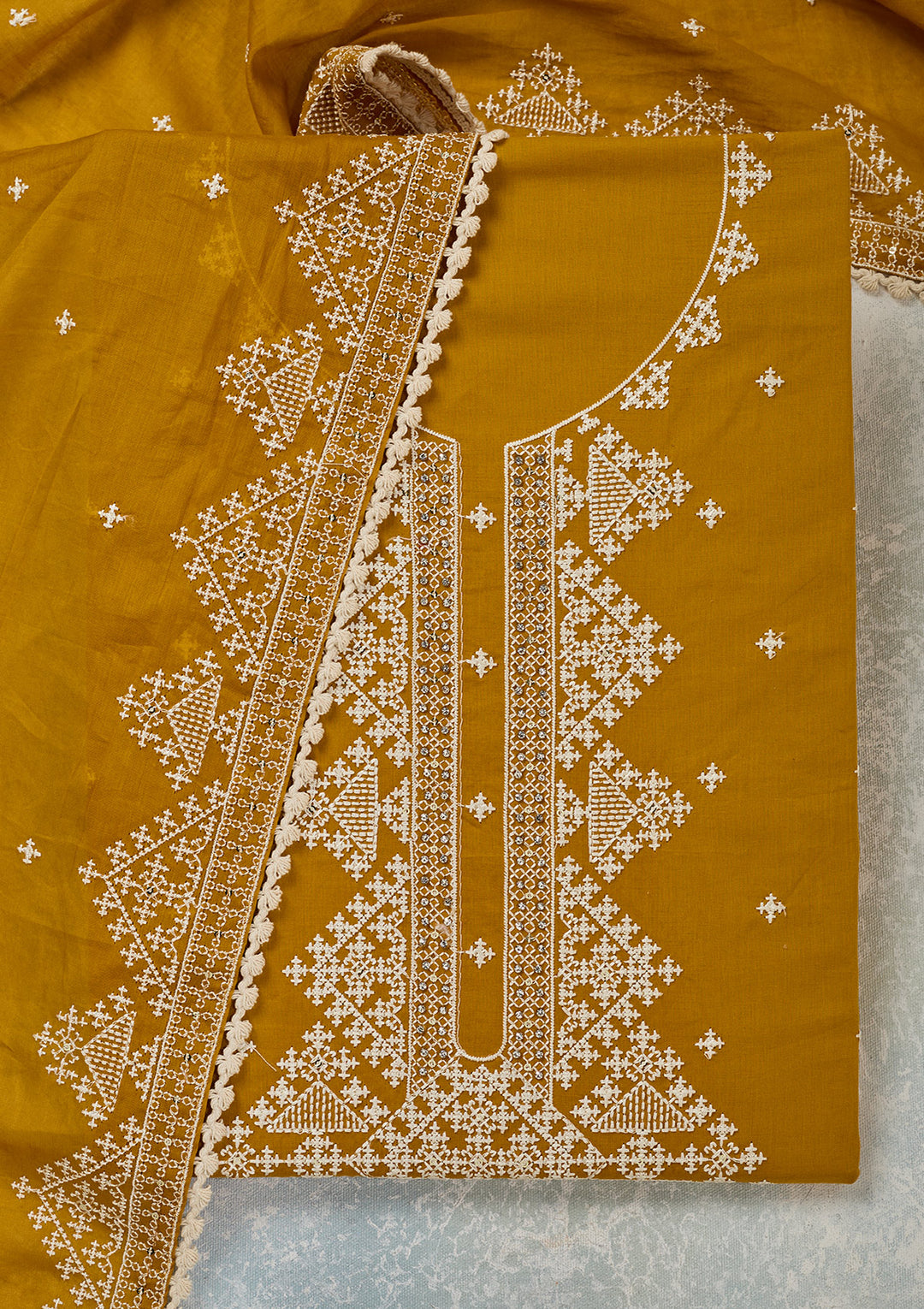 Mustard Yellow Georgette Threadwork Unstitched Dress Material With Matching Bottom And Dupatta