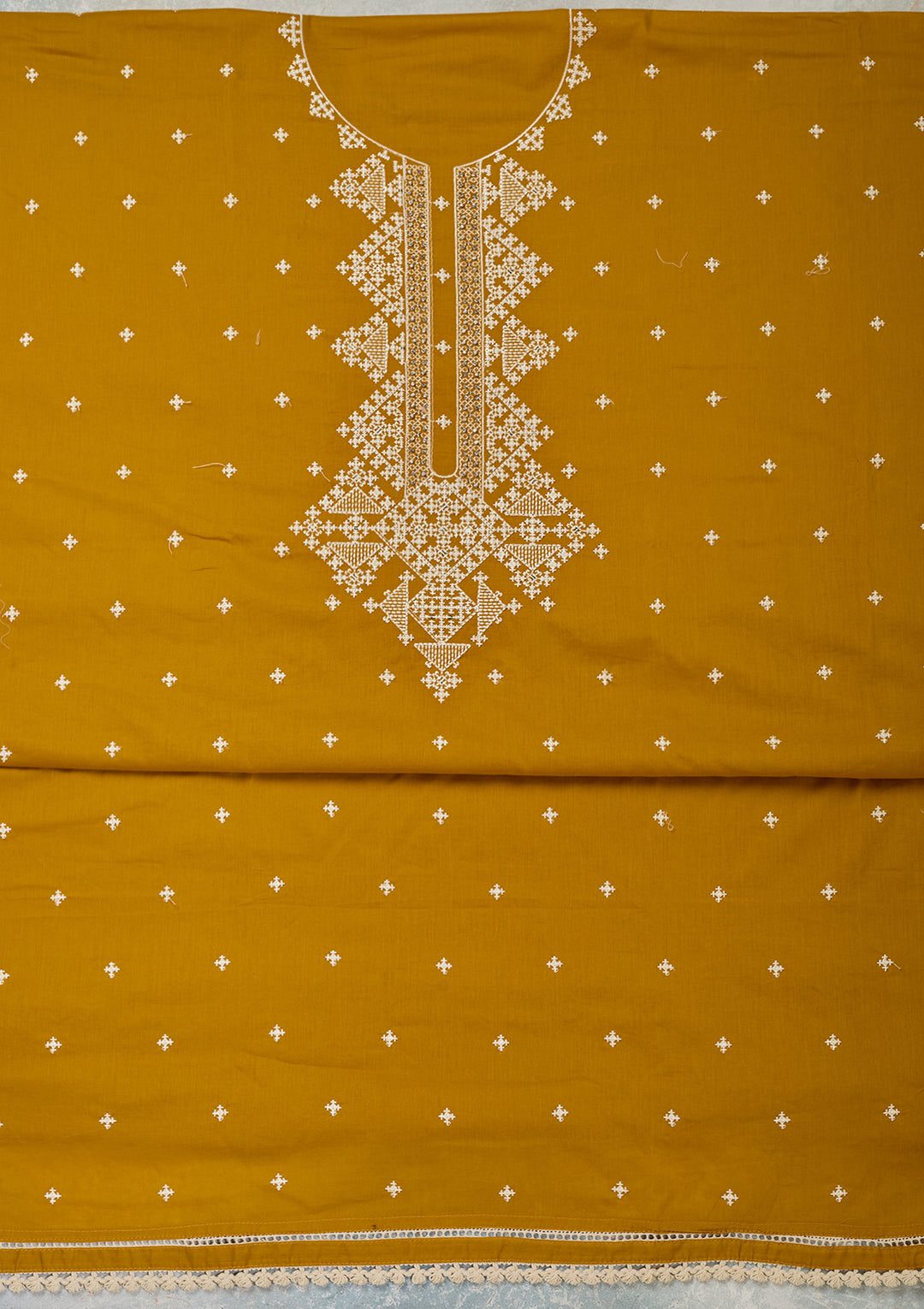 Mustard Yellow Georgette Threadwork Unstitched Dress Material With Matching Bottom And Dupatta
