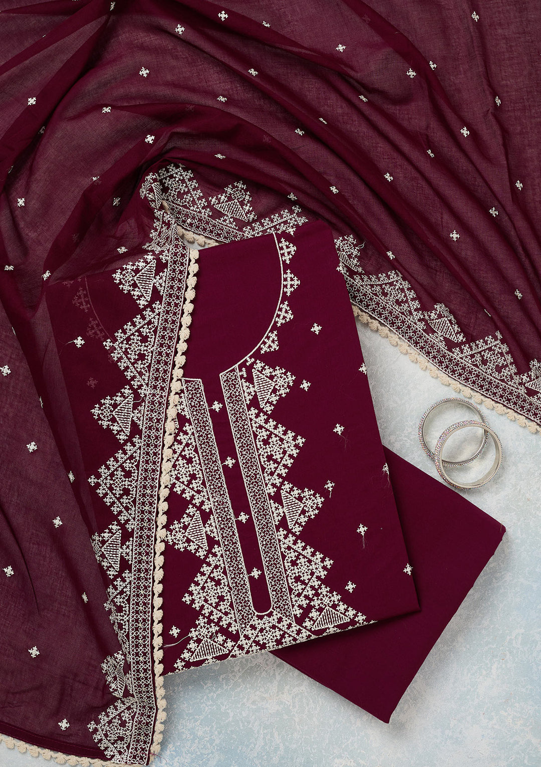 Wine Georgette Threadwork Unstitched Dress Material With Matching Bottom And Dupatta