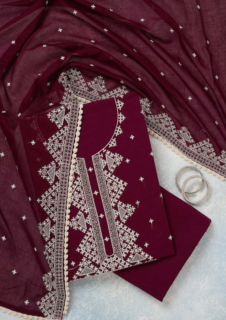 Wine Georgette Threadwork Unstitched Dress Material With Matching Bottom And Dupatta