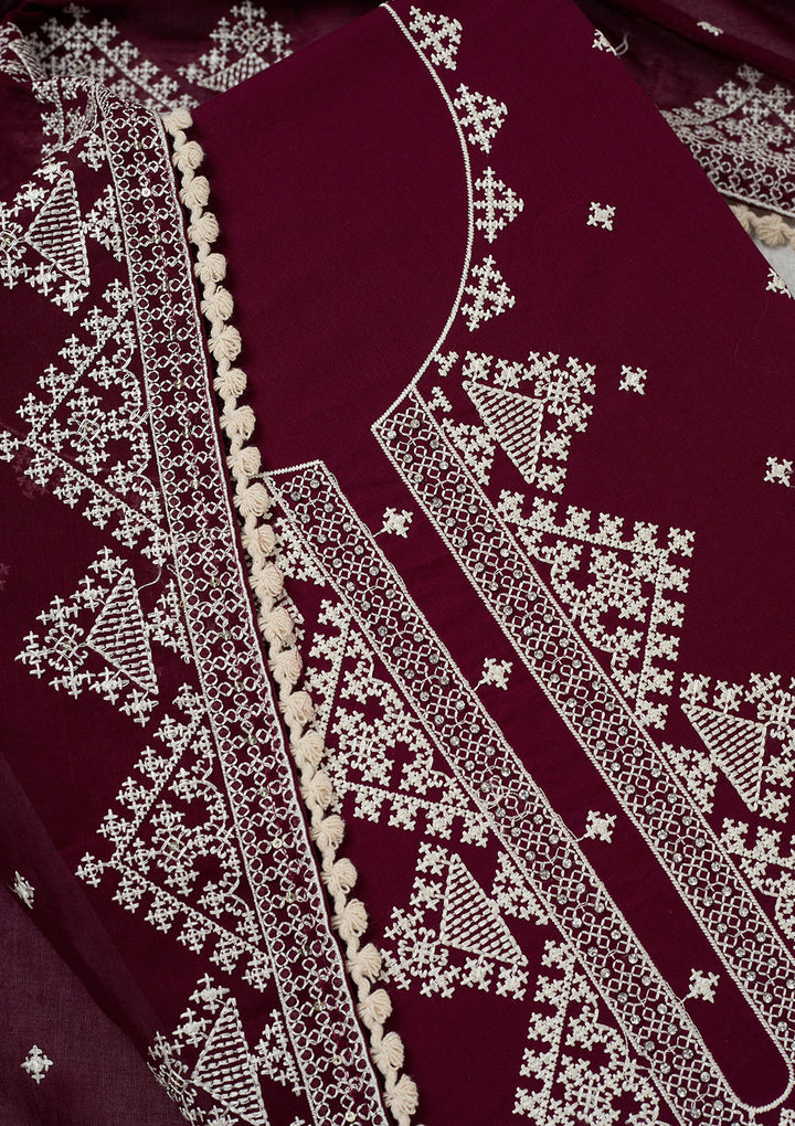 Wine Georgette Threadwork Unstitched Dress Material With Matching Bottom And Dupatta