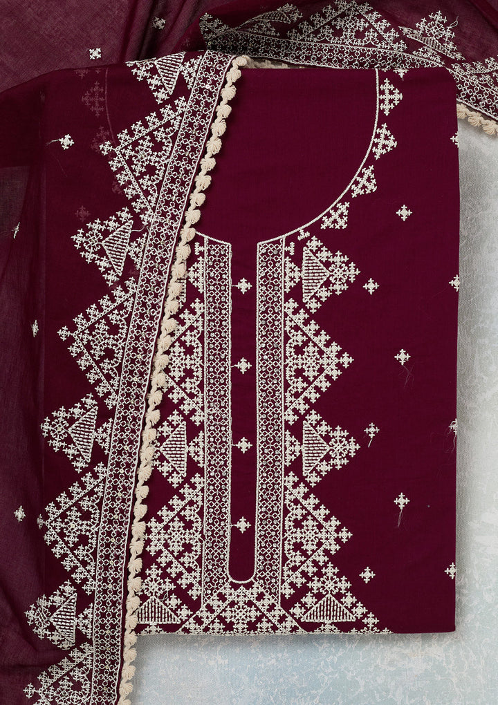 Wine Georgette Threadwork Unstitched Dress Material With Matching Bottom And Dupatta