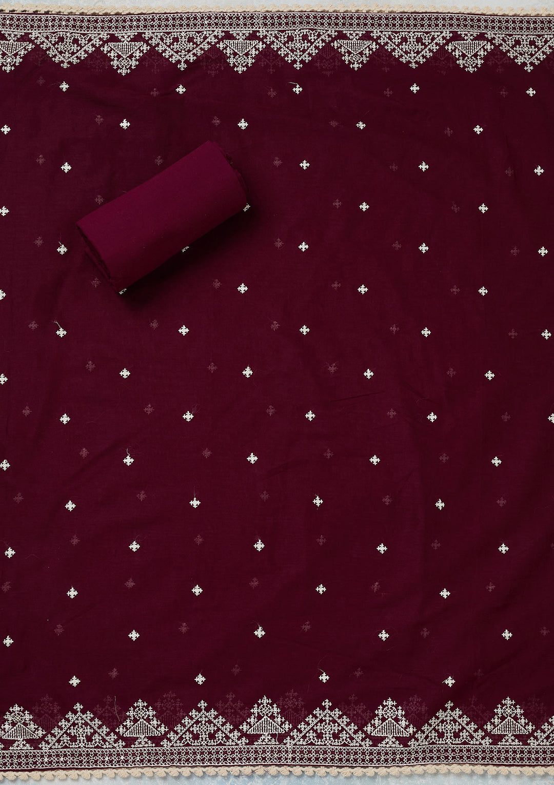 Wine Georgette Threadwork Unstitched Dress Material With Matching Bottom And Dupatta