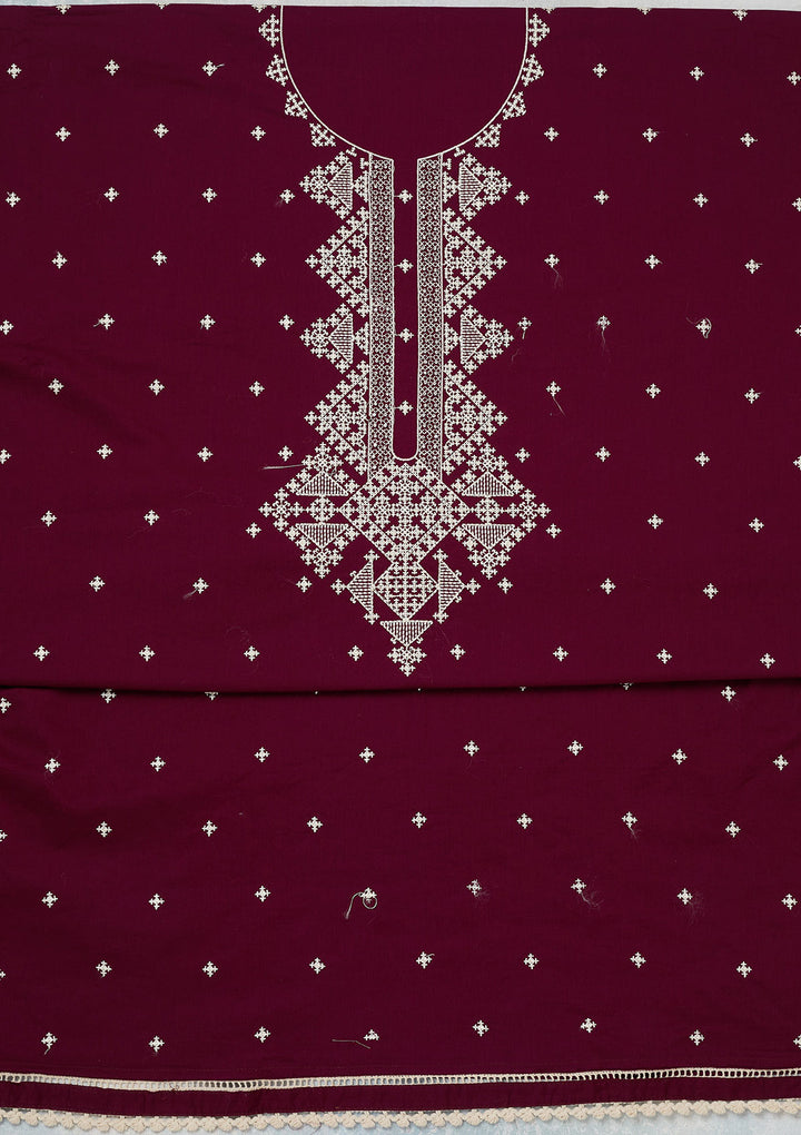 Wine Georgette Threadwork Unstitched Dress Material With Matching Bottom And Dupatta