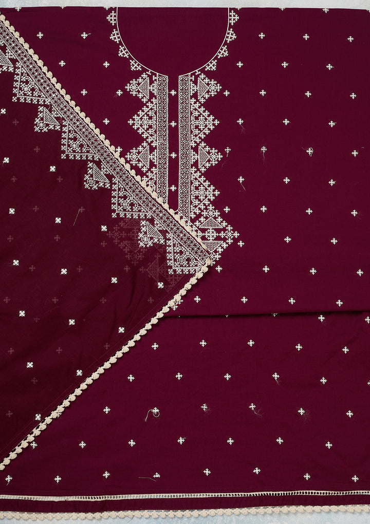 Wine Georgette Threadwork Unstitched Dress Material With Matching Bottom And Dupatta