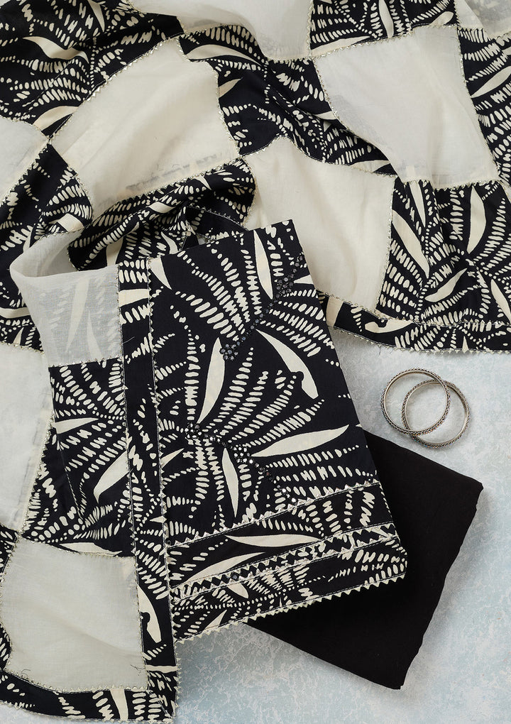 Off White Black Cotton Floral Threadwork Unstitched Dress Material With Matching Bottom And Dupatta