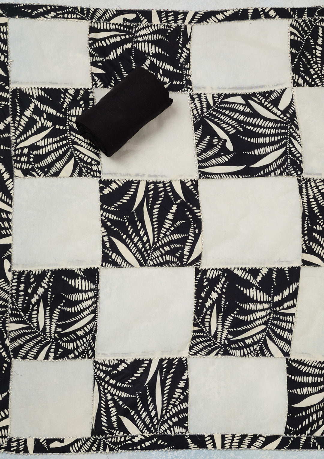 Off White Black Cotton Floral Threadwork Unstitched Dress Material With Matching Bottom And Dupatta