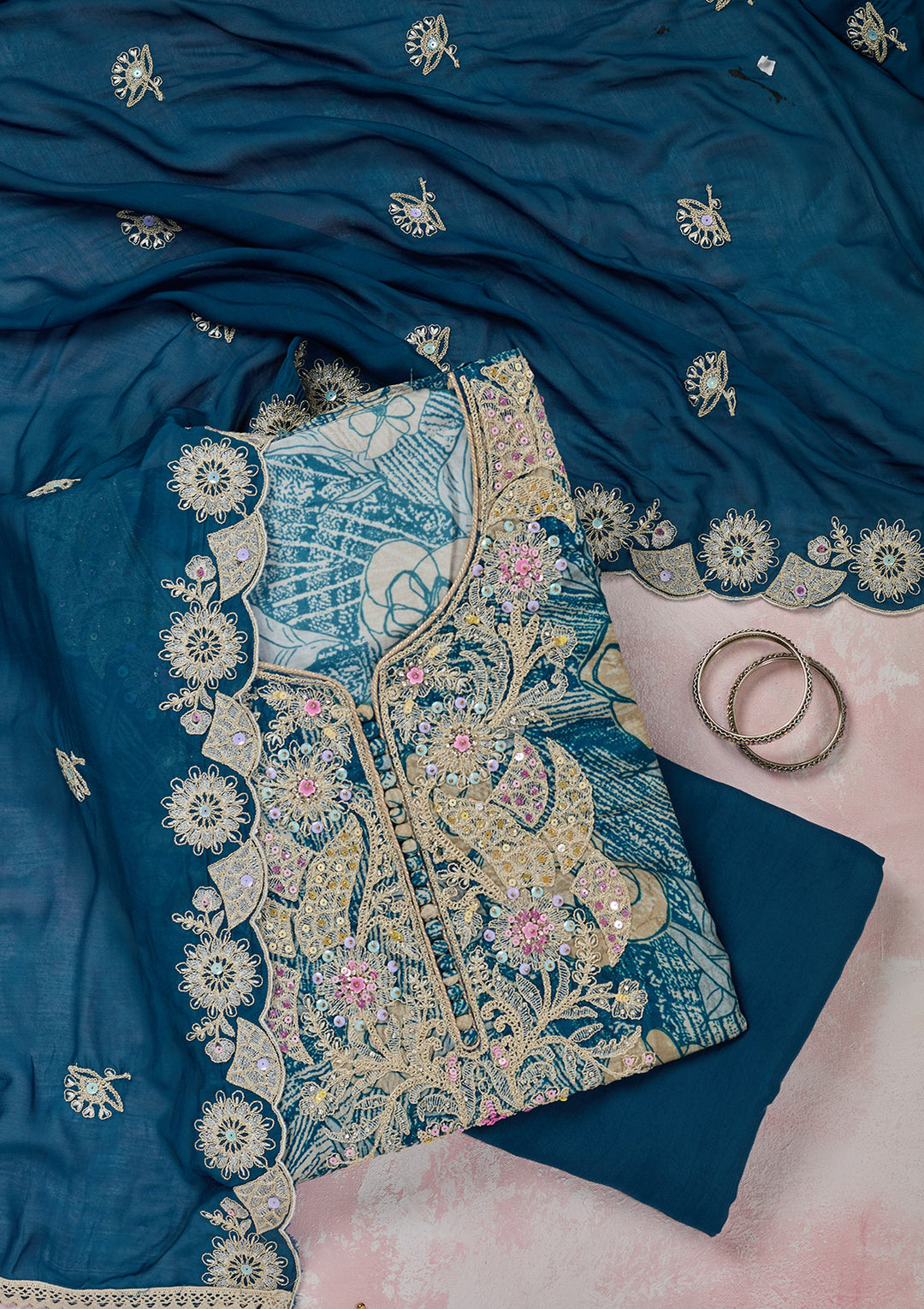Peacock Blue Cotton Threadwork Unstitched Dress Material With Matching Bottom And Dupatta