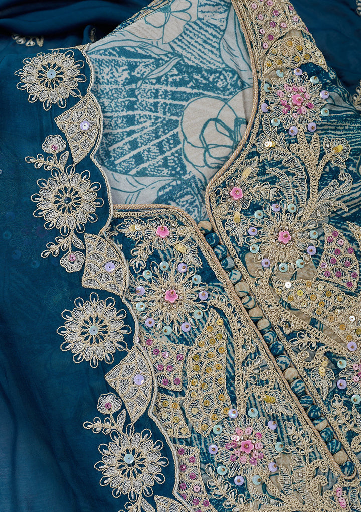 Peacock Blue Cotton Threadwork Unstitched Dress Material With Matching Bottom And Dupatta