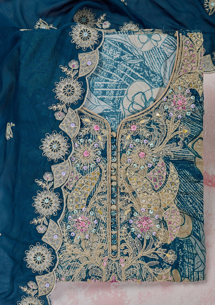 Peacock Blue Cotton Threadwork Unstitched Dress Material With Matching Bottom And Dupatta