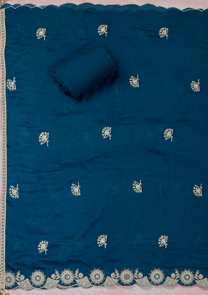 Peacock Blue Cotton Threadwork Unstitched Dress Material With Matching Bottom And Dupatta