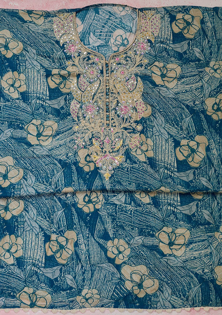 Peacock Blue Cotton Threadwork Unstitched Dress Material With Matching Bottom And Dupatta
