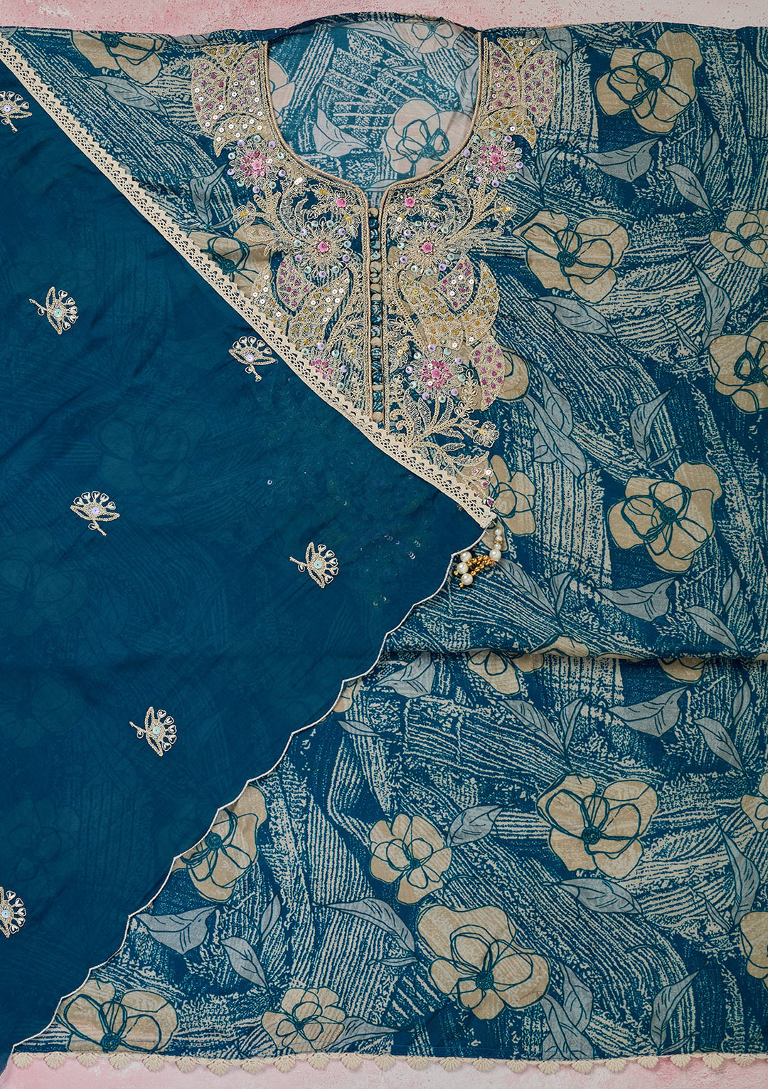 Peacock Blue Cotton Threadwork Unstitched Dress Material With Matching Bottom And Dupatta