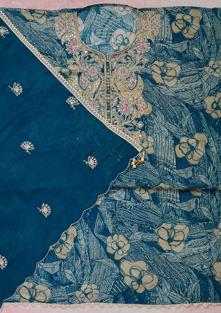 Peacock Blue Cotton Threadwork Unstitched Dress Material With Matching Bottom And Dupatta
