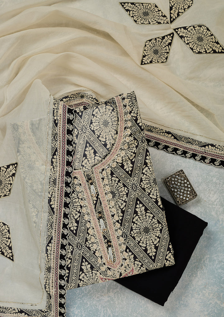 Off White Black Cotton Ombre Threadwork Unstitched Dress Material With Matching Bottom And Dupatta