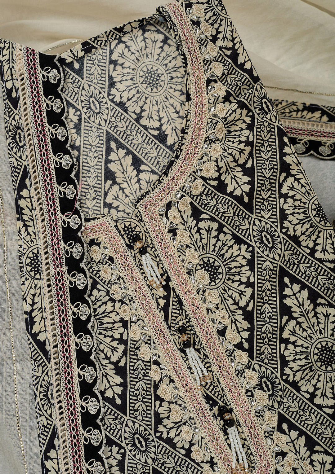 Off White Black Cotton Ombre Threadwork Unstitched Dress Material With Matching Bottom And Dupatta