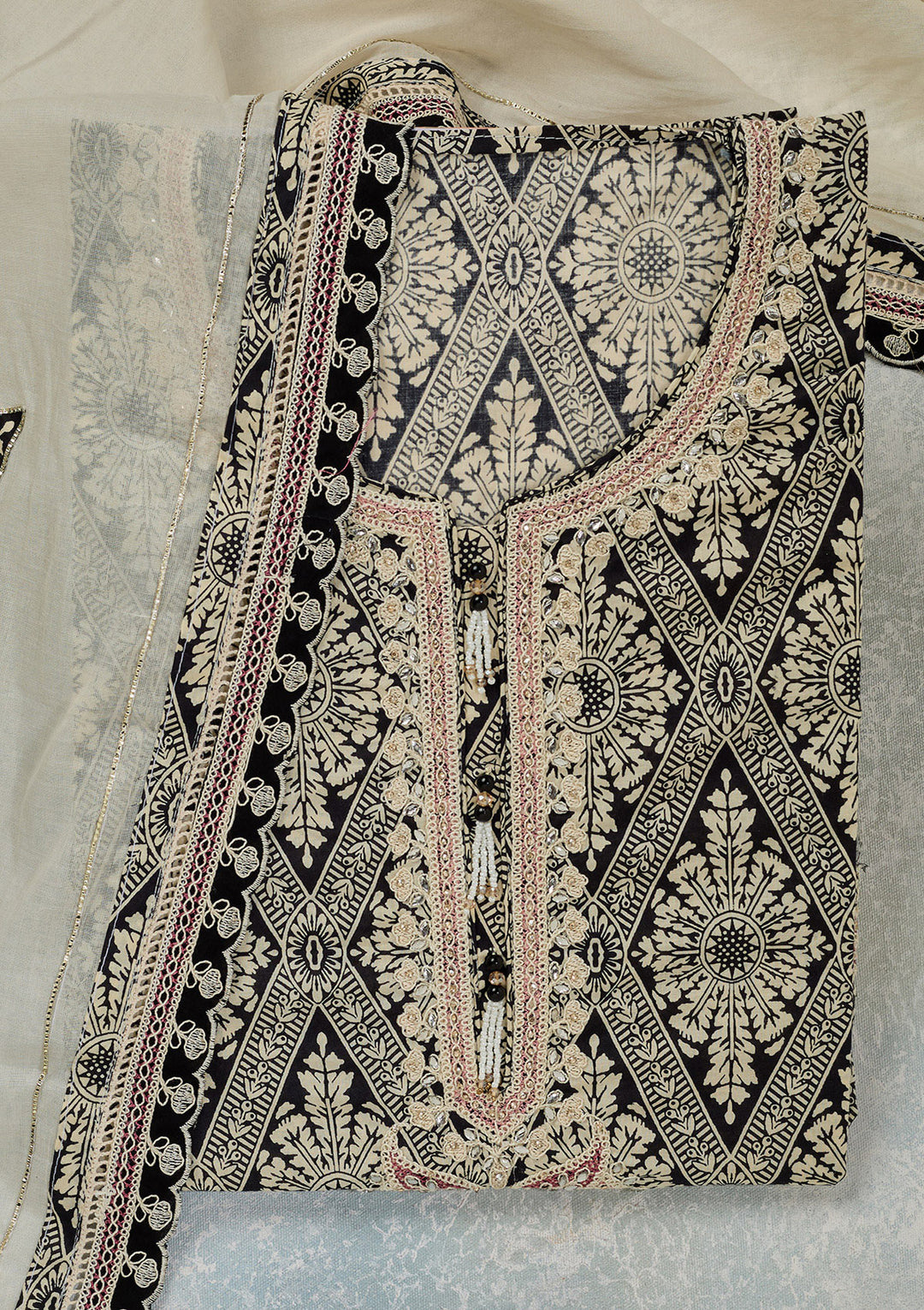 Off White Black Cotton Ombre Threadwork Unstitched Dress Material With Matching Bottom And Dupatta