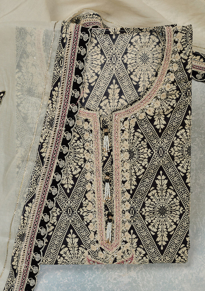 Off White Black Cotton Ombre Threadwork Unstitched Dress Material With Matching Bottom And Dupatta