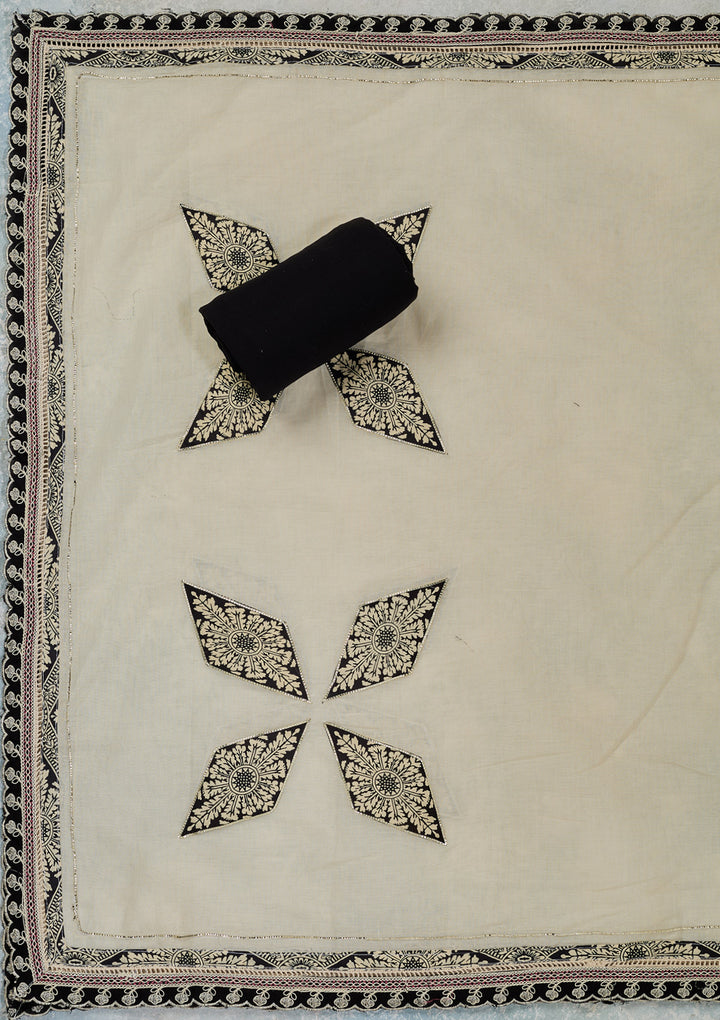 Off White Black Cotton Ombre Threadwork Unstitched Dress Material With Matching Bottom And Dupatta