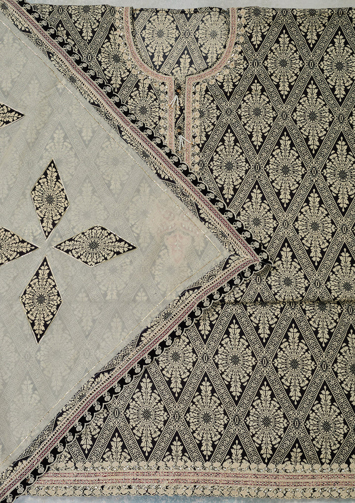 Off White Black Cotton Ombre Threadwork Unstitched Dress Material With Matching Bottom And Dupatta