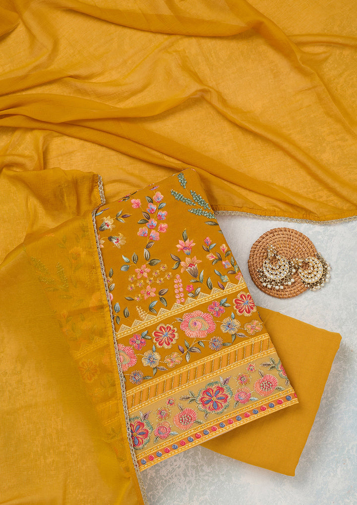 Mustard Georgette Threadwork Unstitched Dress Material With Matching Bottom And Dupatta