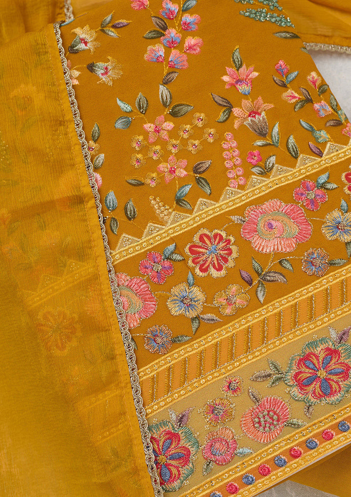 Mustard Georgette Threadwork Unstitched Dress Material With Matching Bottom And Dupatta