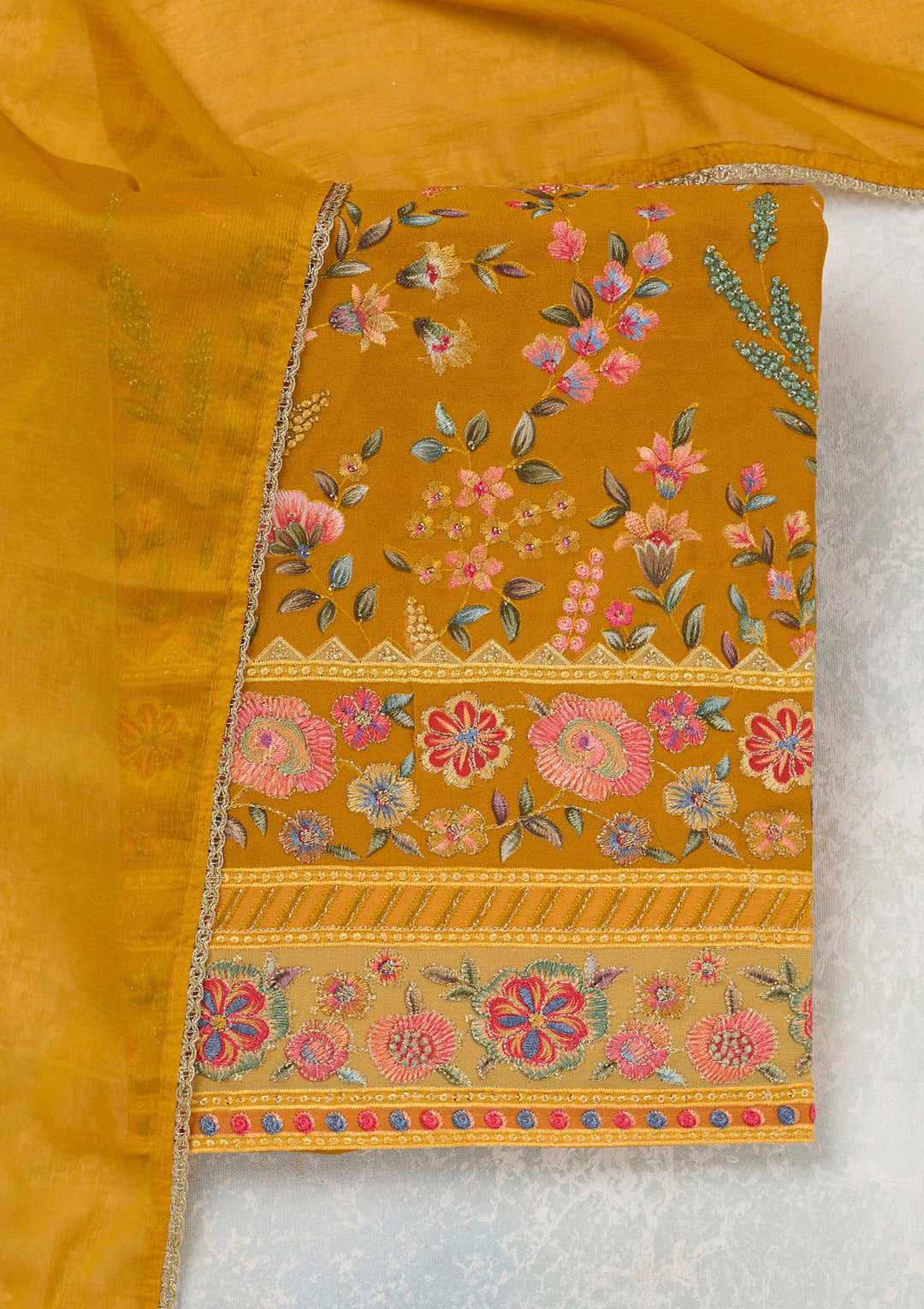 Mustard Georgette Threadwork Unstitched Dress Material With Matching Bottom And Dupatta