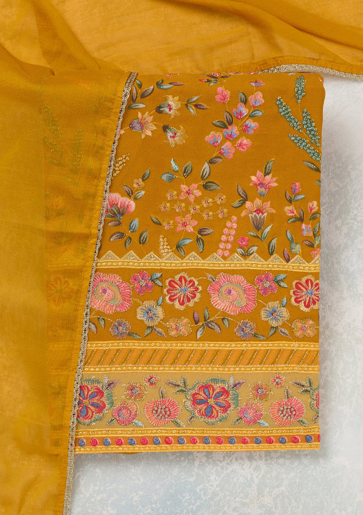 Mustard Georgette Threadwork Unstitched Dress Material With Matching Bottom And Dupatta