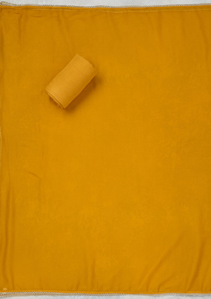 Mustard Georgette Threadwork Unstitched Dress Material With Matching Bottom And Dupatta