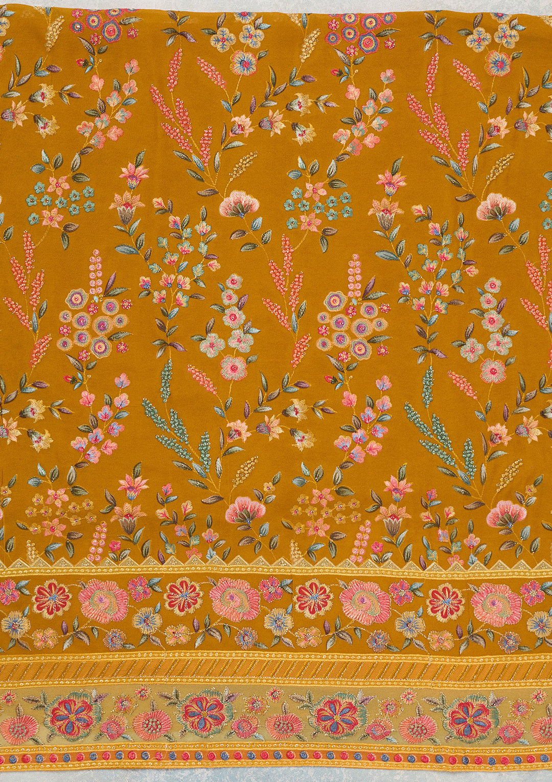 Mustard Georgette Threadwork Unstitched Dress Material With Matching Bottom And Dupatta
