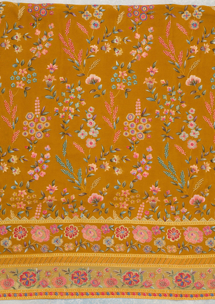 Mustard Georgette Threadwork Unstitched Dress Material With Matching Bottom And Dupatta