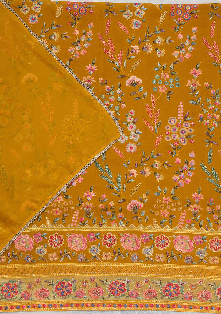 Mustard Georgette Threadwork Unstitched Dress Material With Matching Bottom And Dupatta