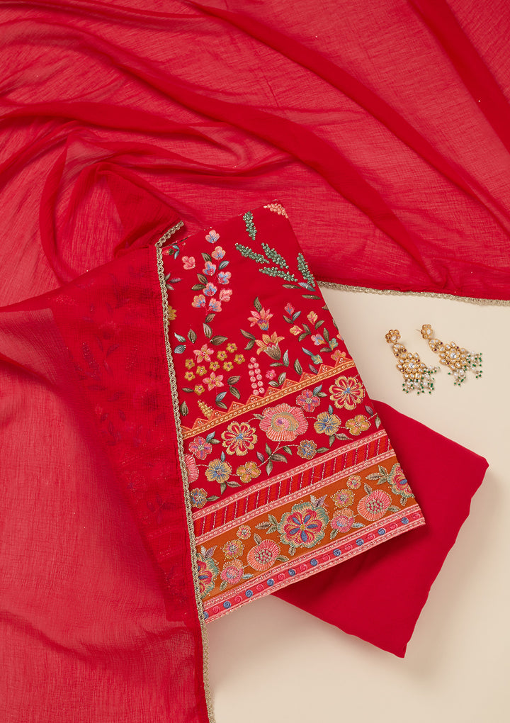 Red Georgette Threadwork Unstitched Dress Material With Matching Bottom And Dupatta