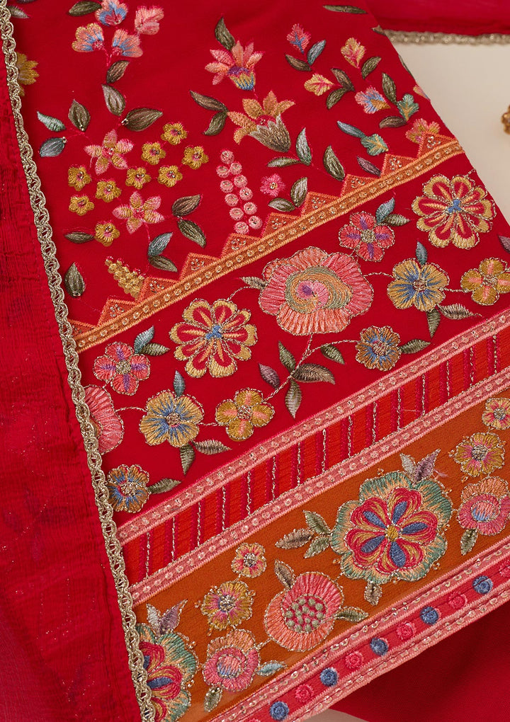 Red Georgette Threadwork Unstitched Dress Material With Matching Bottom And Dupatta