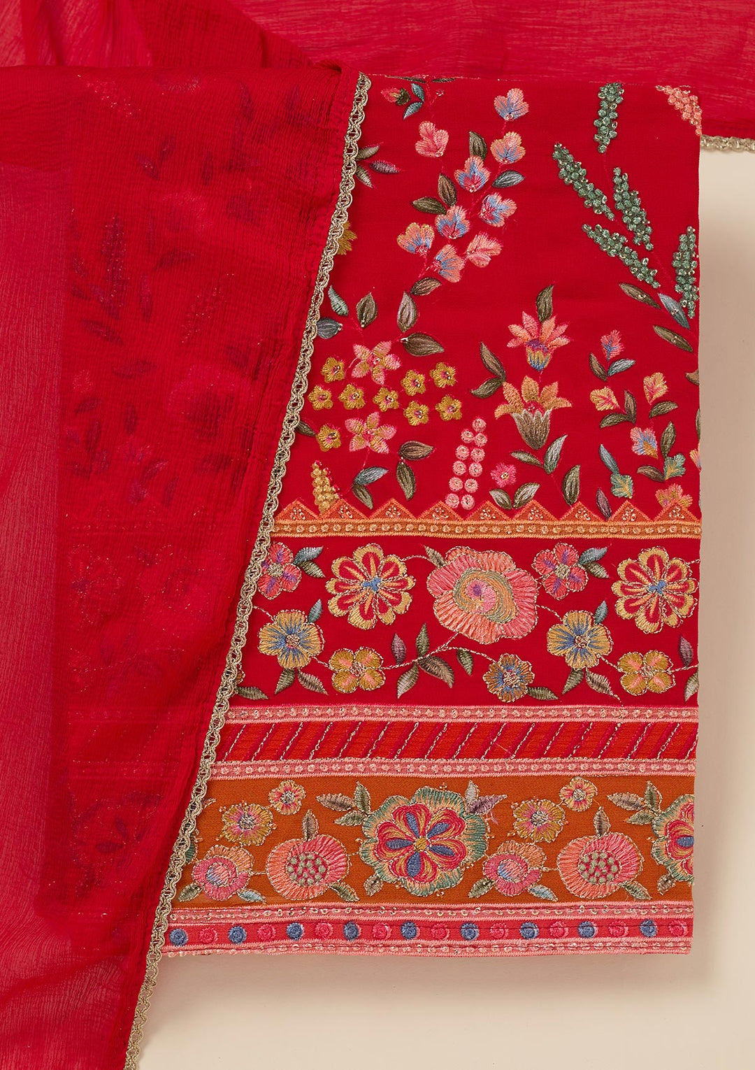 Red Georgette Threadwork Unstitched Dress Material With Matching Bottom And Dupatta