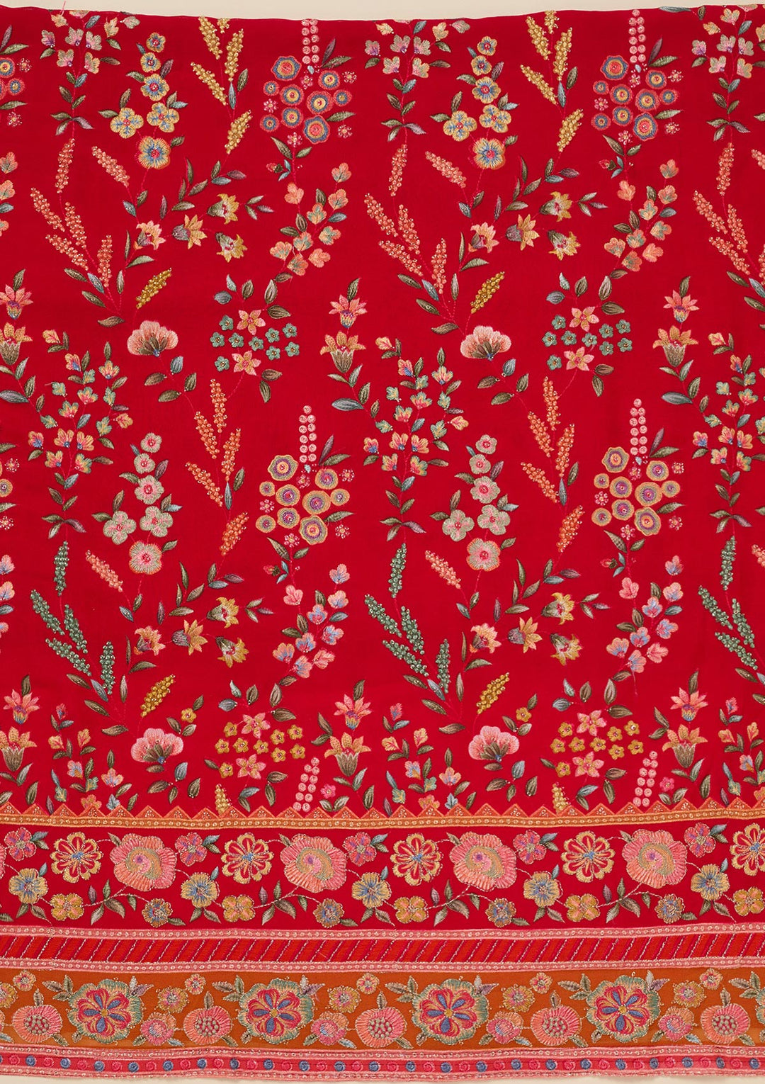 Red Georgette Threadwork Unstitched Dress Material With Matching Bottom And Dupatta