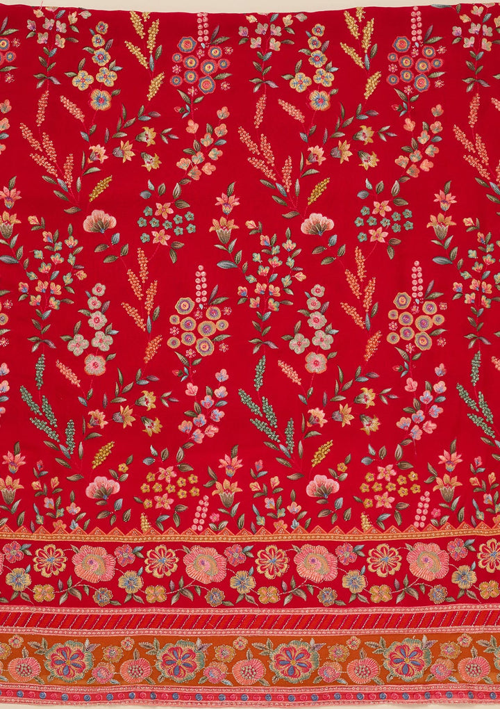 Red Georgette Threadwork Unstitched Dress Material With Matching Bottom And Dupatta