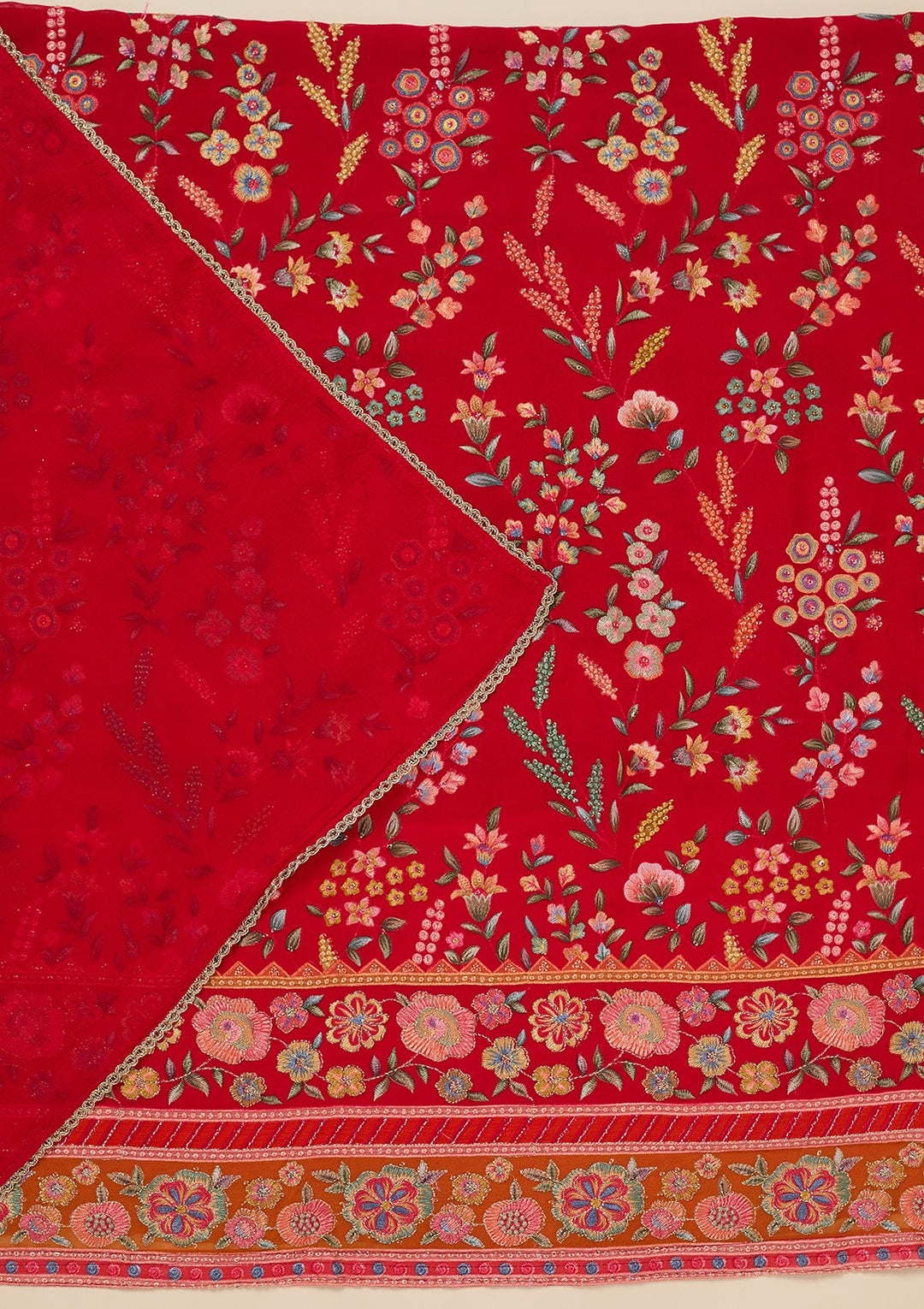 Red Georgette Threadwork Unstitched Dress Material With Matching Bottom And Dupatta