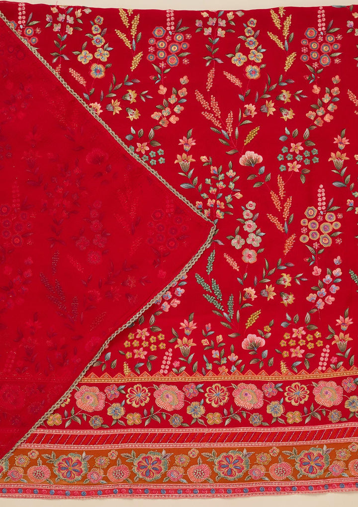 Red Georgette Threadwork Unstitched Dress Material With Matching Bottom And Dupatta